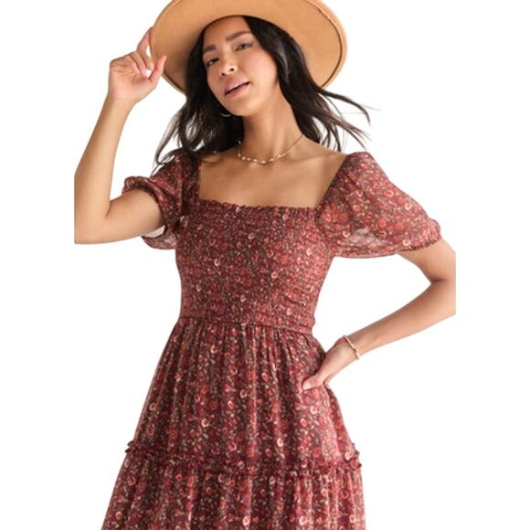 Francesca's AUDREY PARIS Smocked Brown Floral Midi Dress Size Medium NWT - Picture 2 of 9